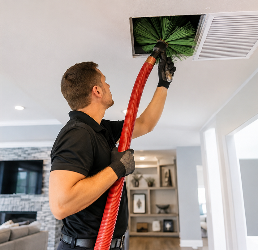 Technician cleaning HVAC air ducts to improve indoor air quality