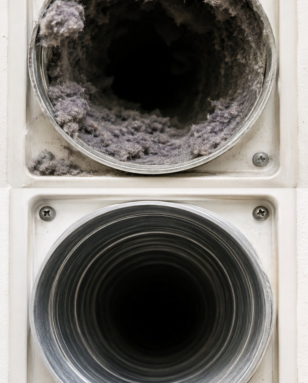 Before and after dryer vent cleaning showing lint buildup removed from the vent duct.
