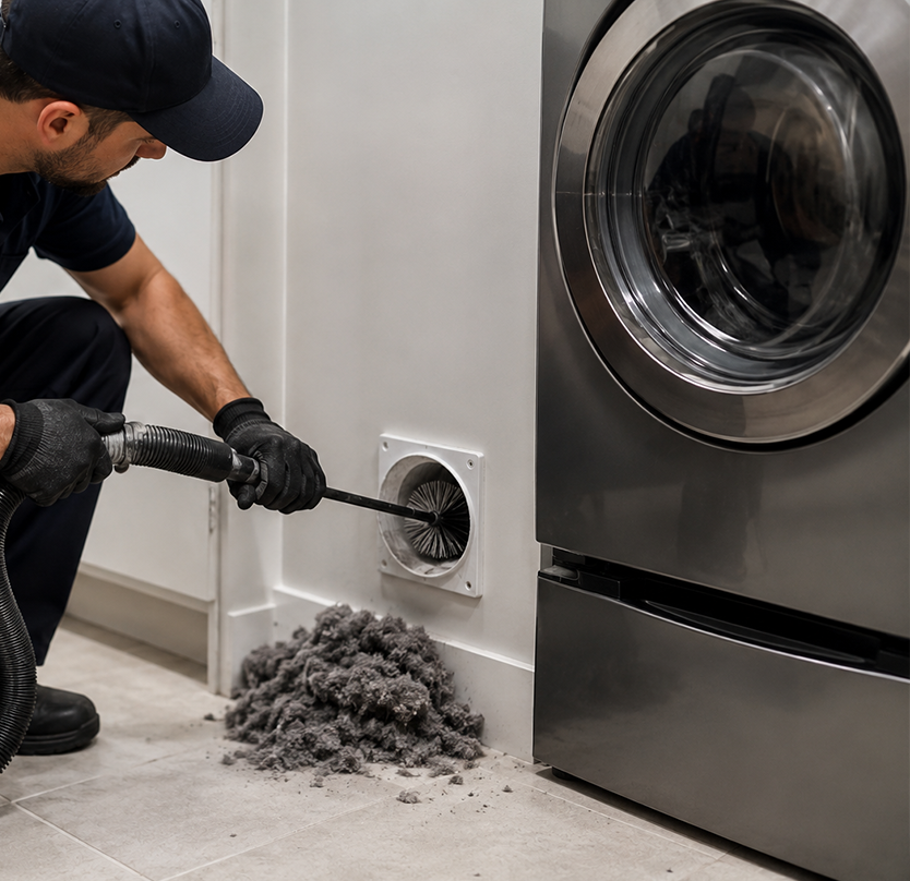 Technician cleaning a residential dryer vent with professional vacuum equipment.