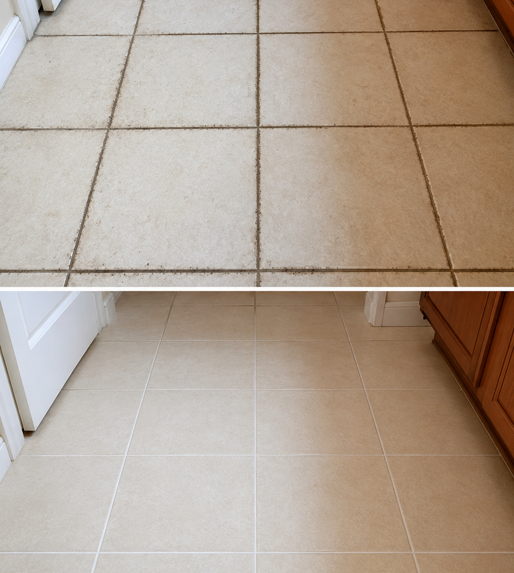Tile grout cleaning before and after showing restored grout lines