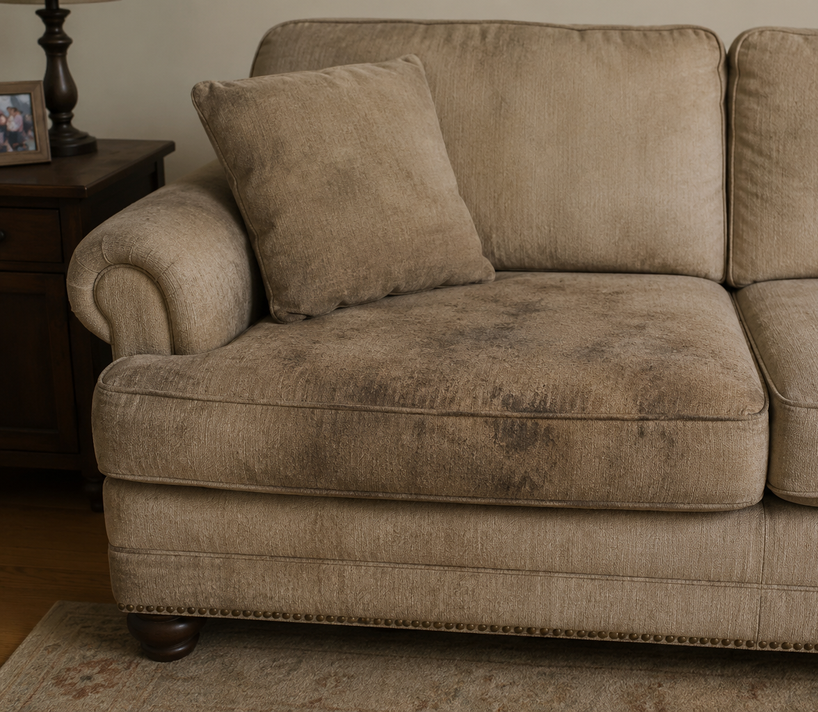 Professional upholstery cleaning on a beige fabric sofa